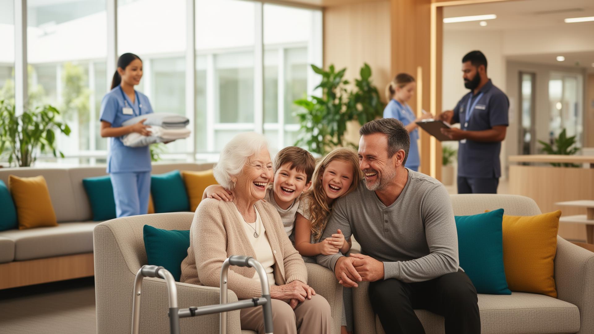 Elderly resident smiling with visiting family members in an aged care facility