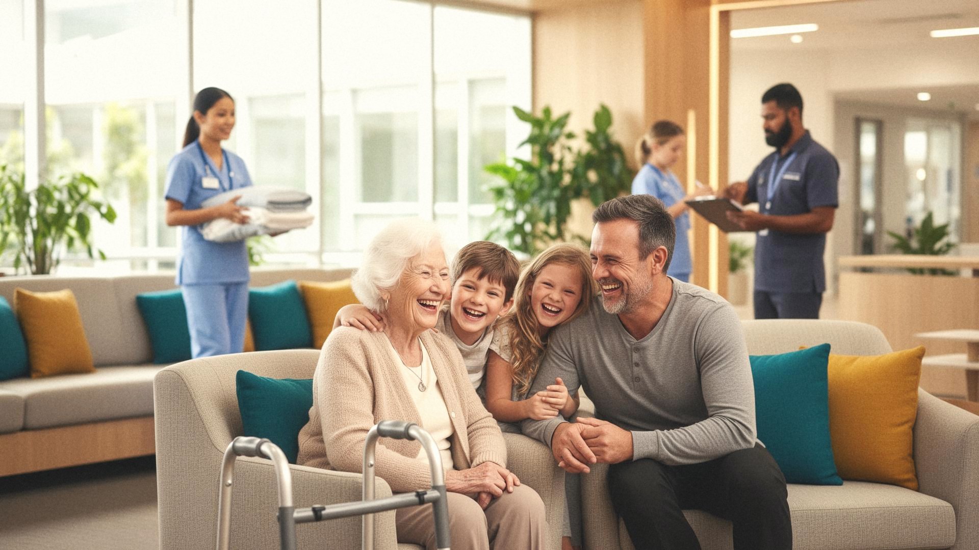 Elderly resident smiling with visiting family members in an aged care facility