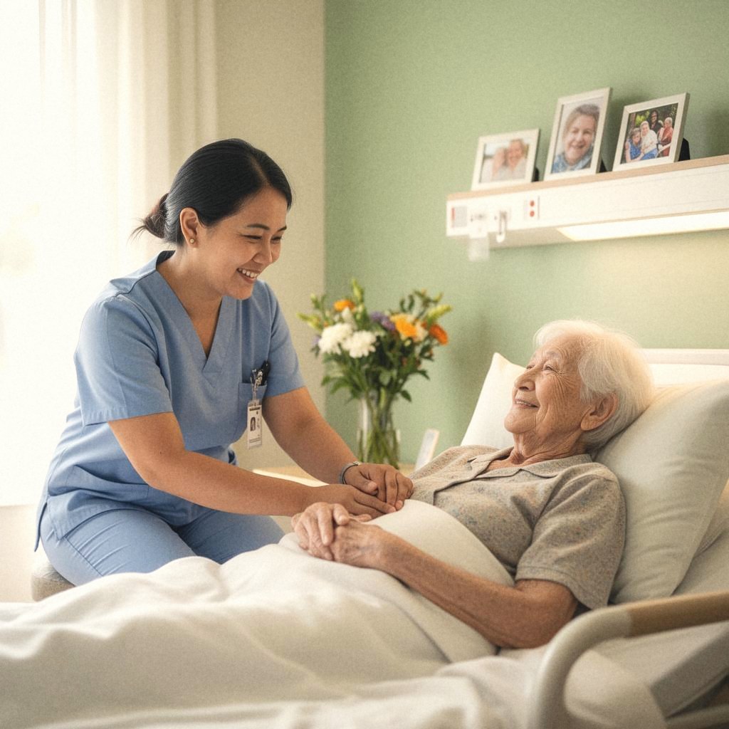 Care worker attending to a resident in their room
