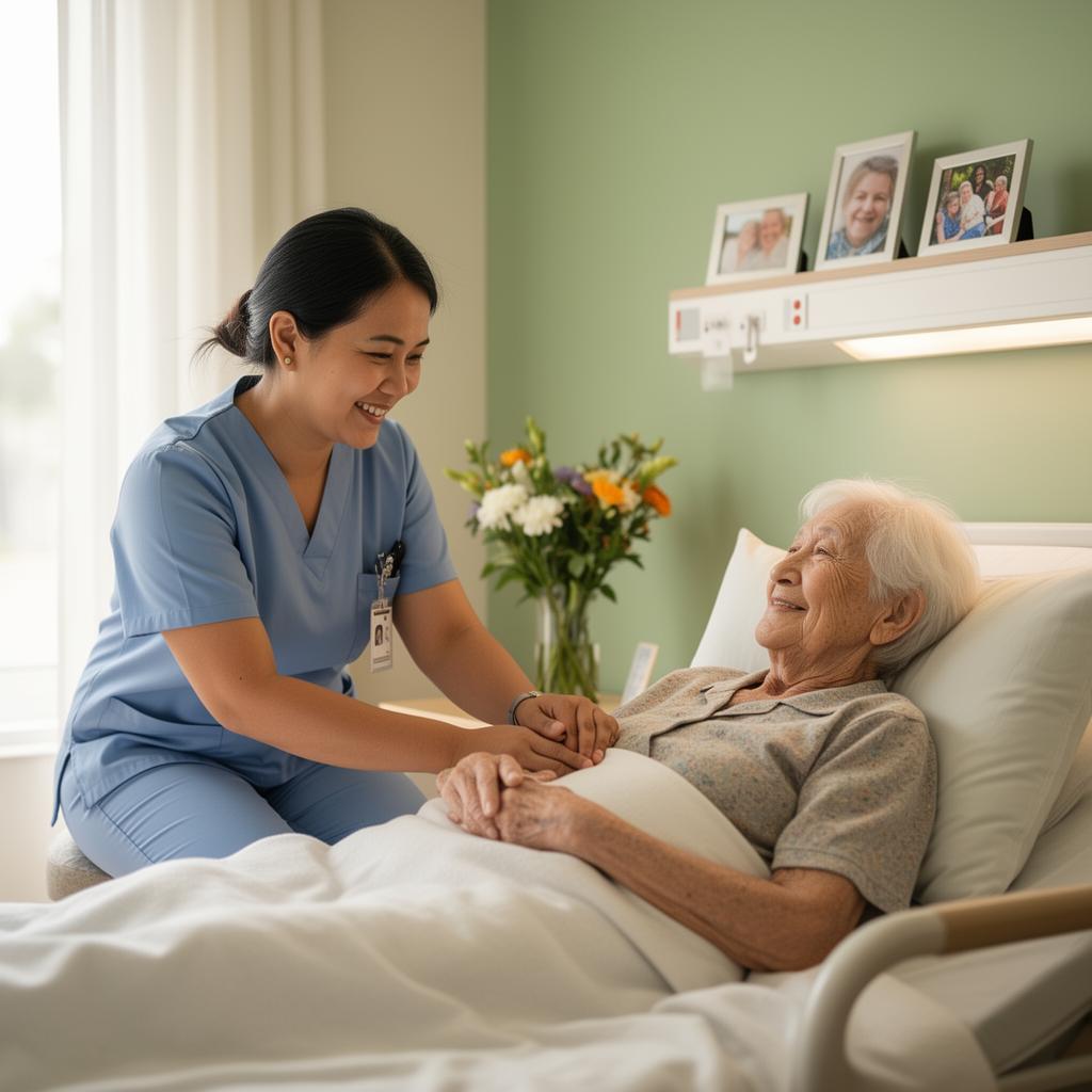 Care worker attending to a resident in their room