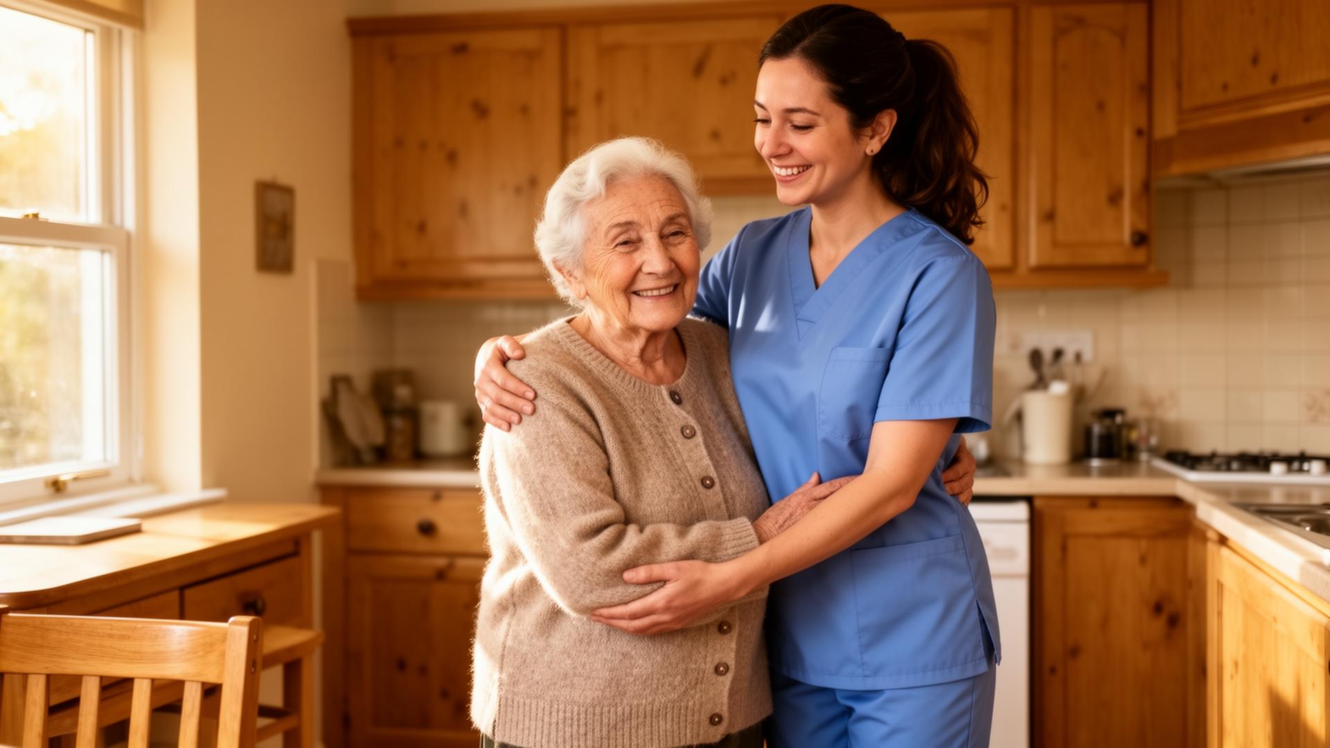 Care professional supporting an older person in their home