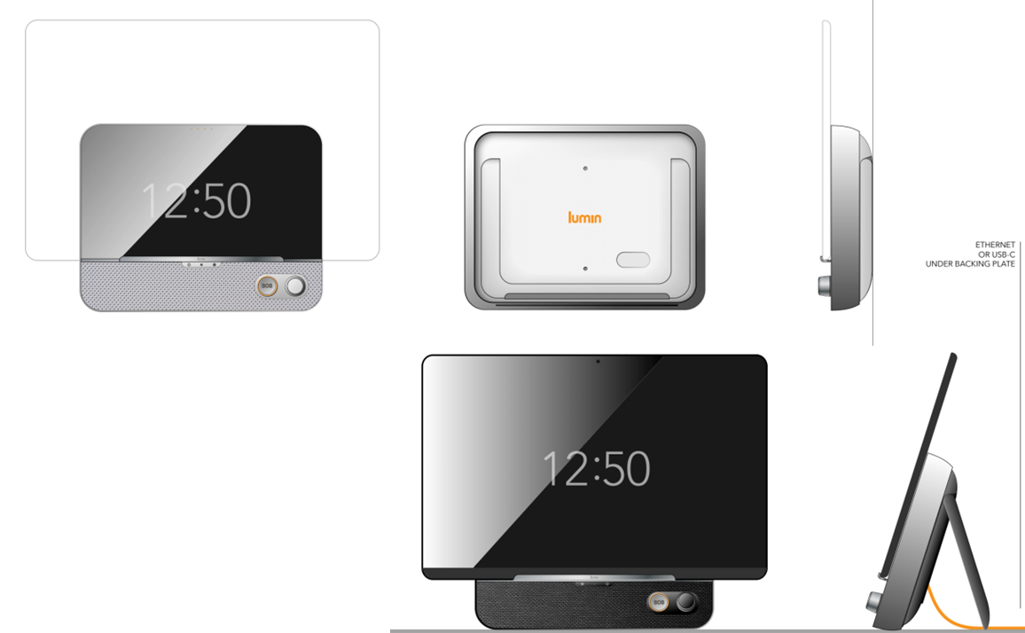Lumin CareHub device views - front, back, side, and kickstand angles