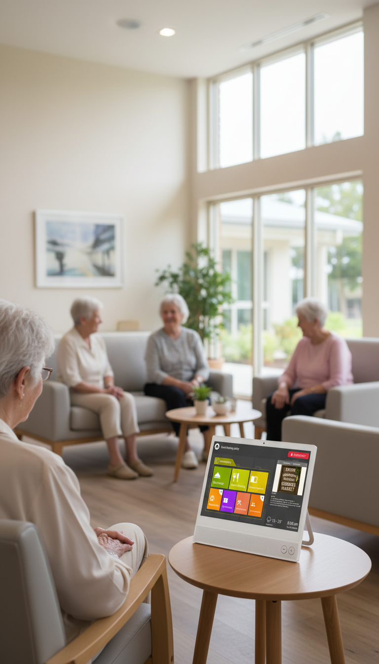 Older person at home using the Lumin CareHub, natural light, warm connection moment