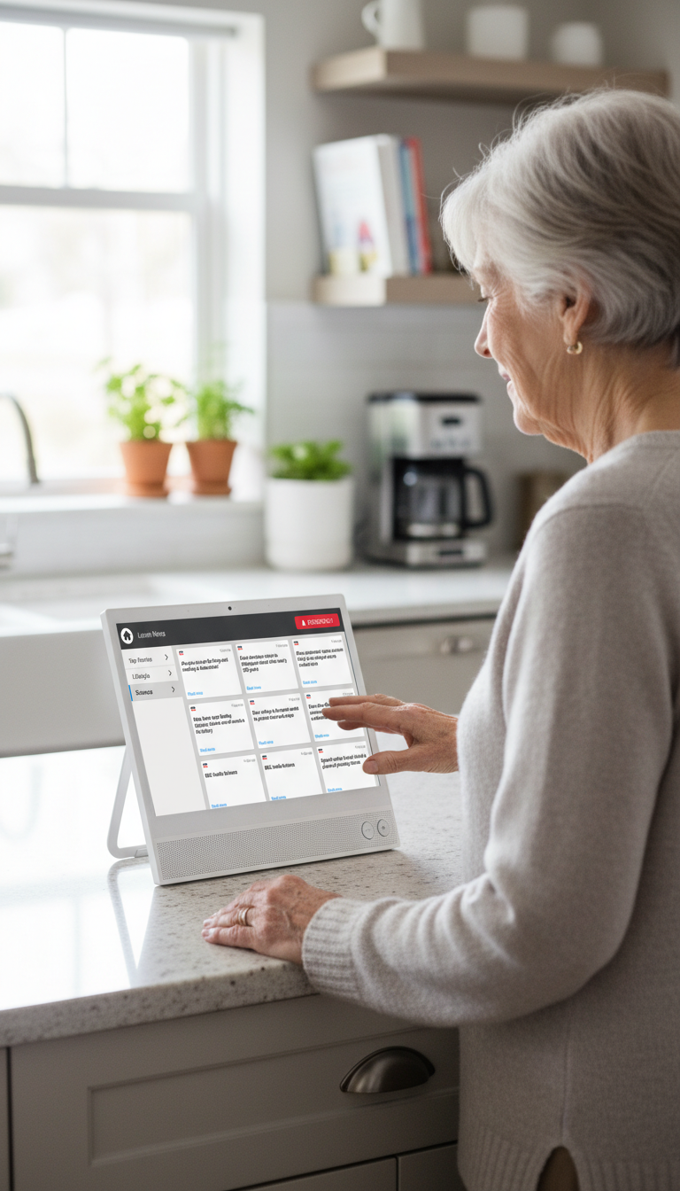 Older woman using a Lumin CareHub touchscreen on a kitchen bench