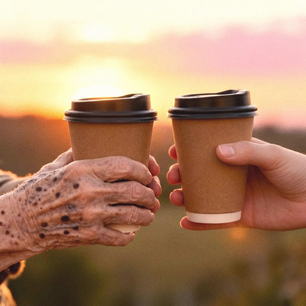 Younger and older hands sharing a takeaway coffee at sunrise
