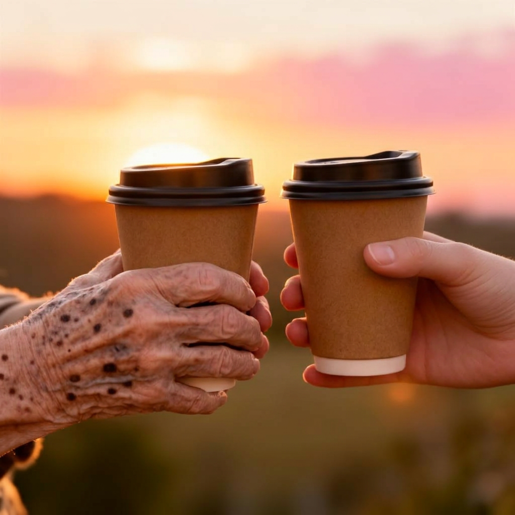 Younger and older hands sharing a takeaway coffee at sunrise