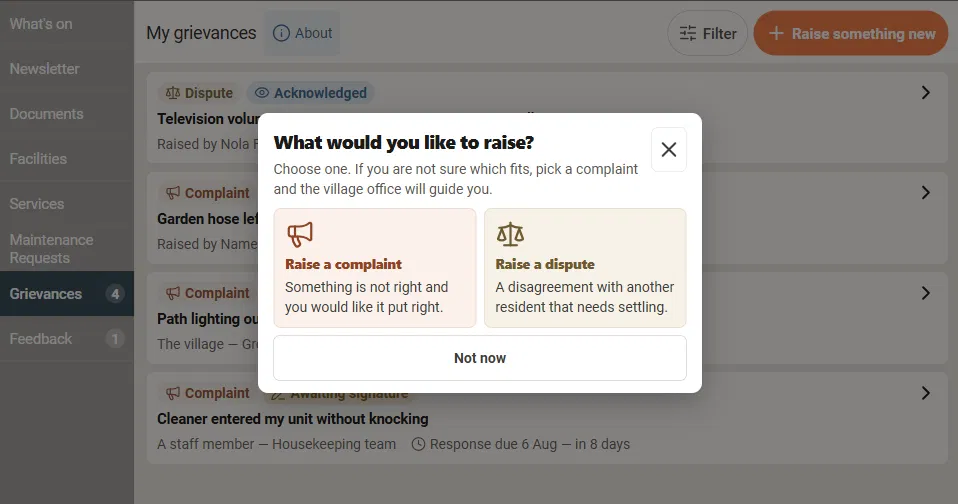 Lumin complaints module showing a resident raising a complaint or dispute from their Lumin CareHub