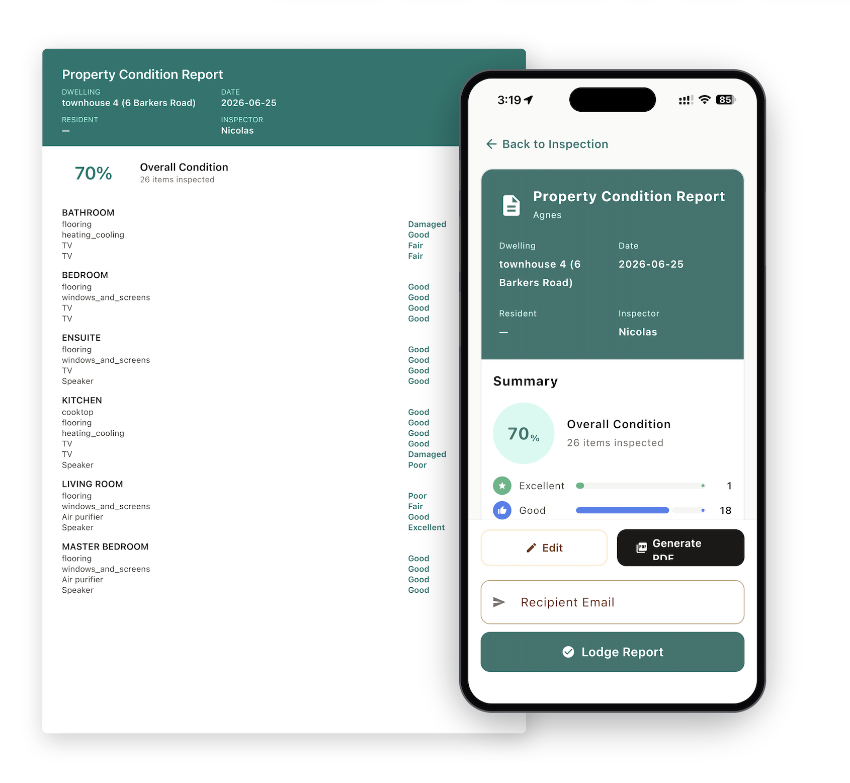 Property condition report on the Lumin Property app with auto-generated branded PDF