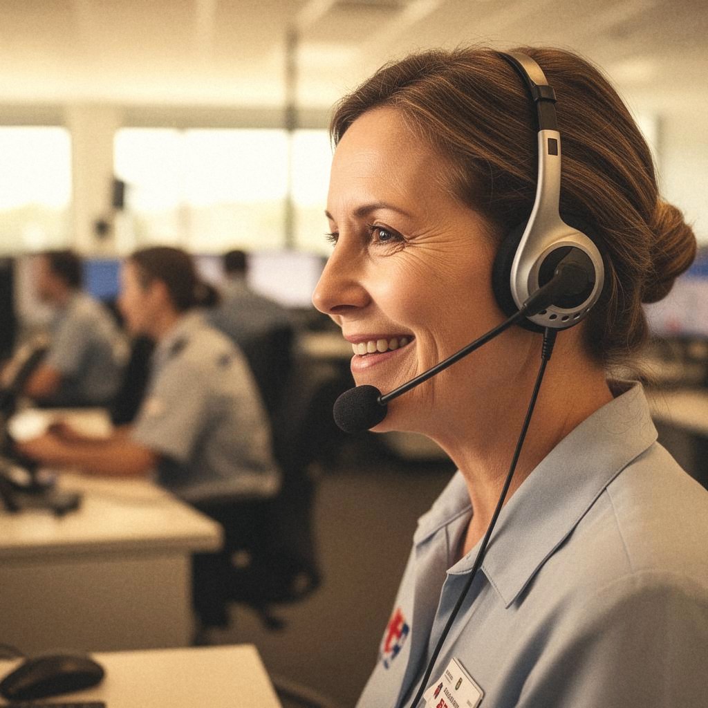 Operator in a 24/7 emergency call centre monitoring alerts