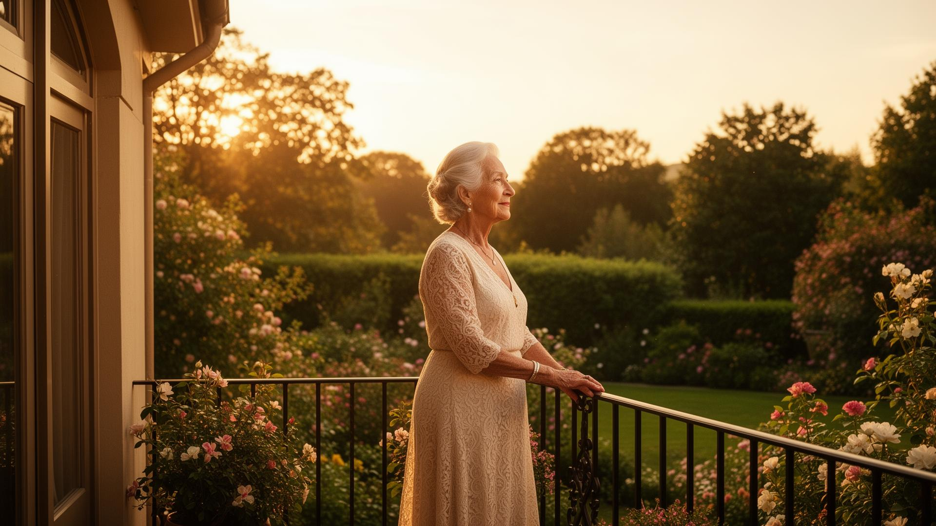 An older woman standing on a balcony overlooking a garden at golden hour