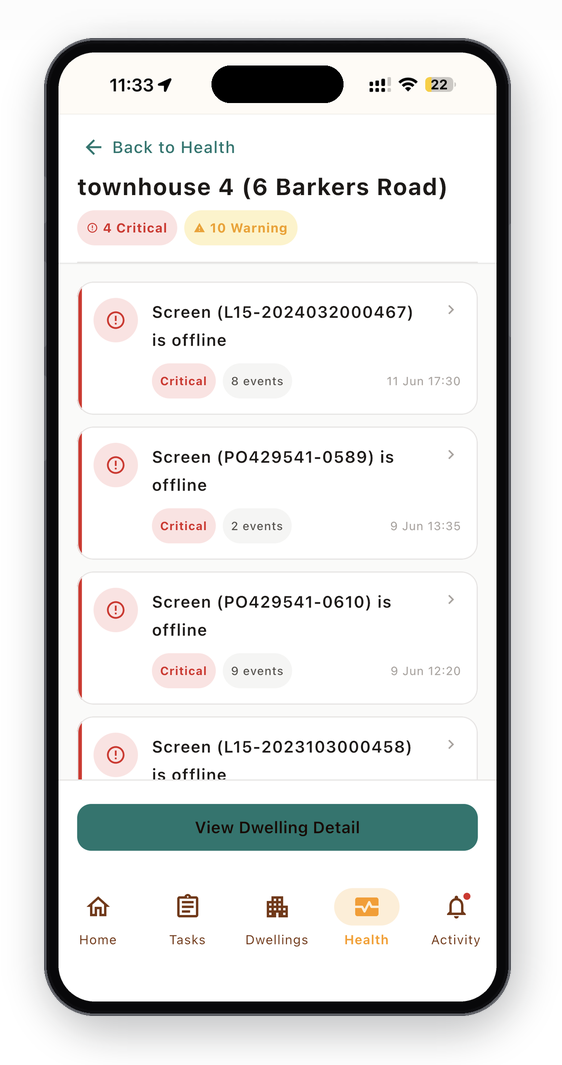 Live device health, asset register and open tasks in the Lumin Property app