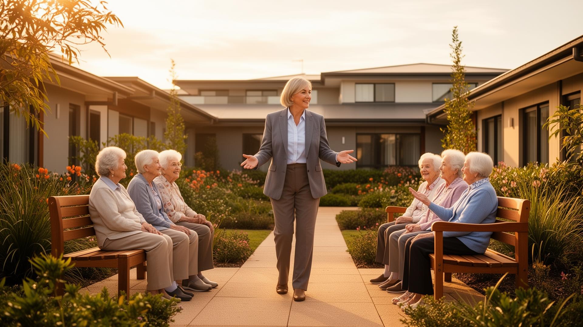 A village manager greeting residents in a retirement community courtyard