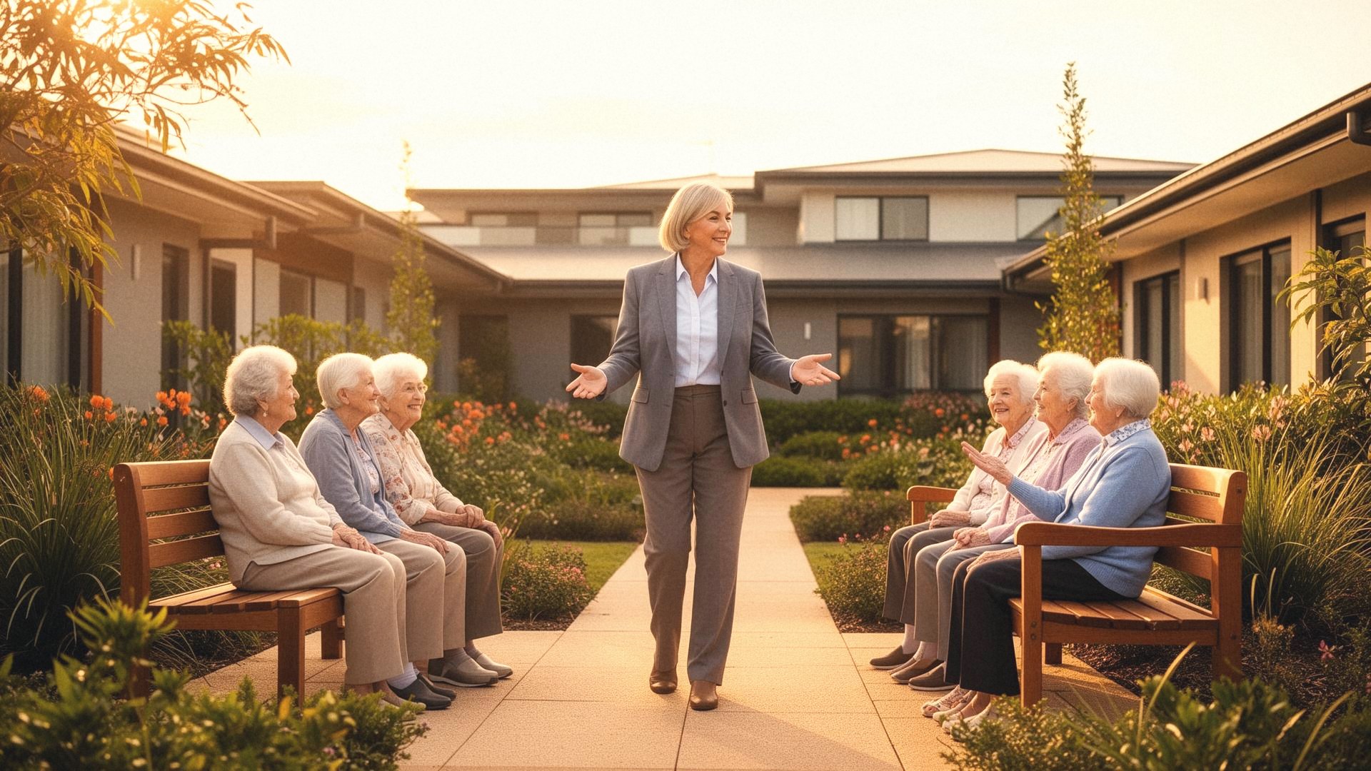 A village manager greeting residents in a retirement community courtyard