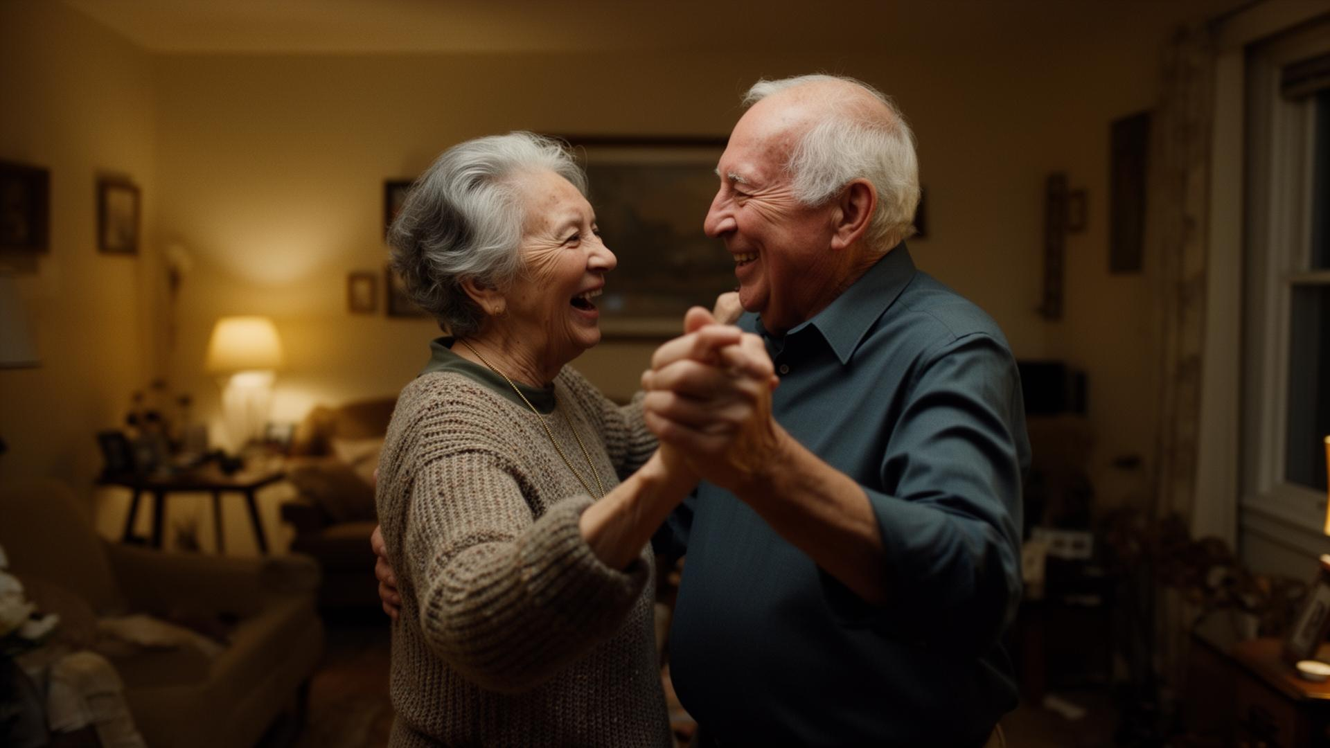 An older couple dancing joyfully in their living room