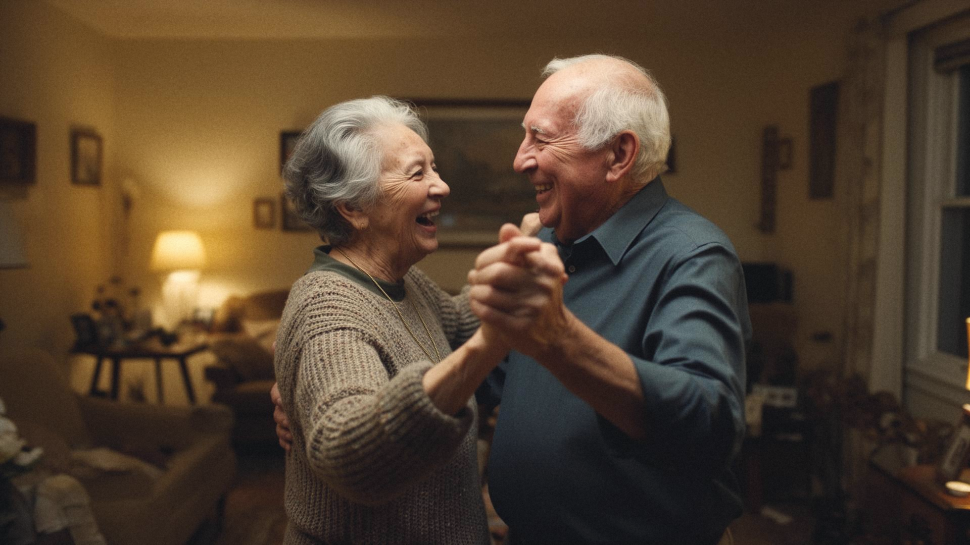 An older couple dancing joyfully in their living room
