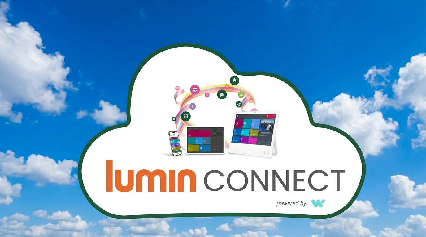 Lumin Connect ecosystem - CareHub at centre, partner logos arranged around cloud shape, powered by Workato