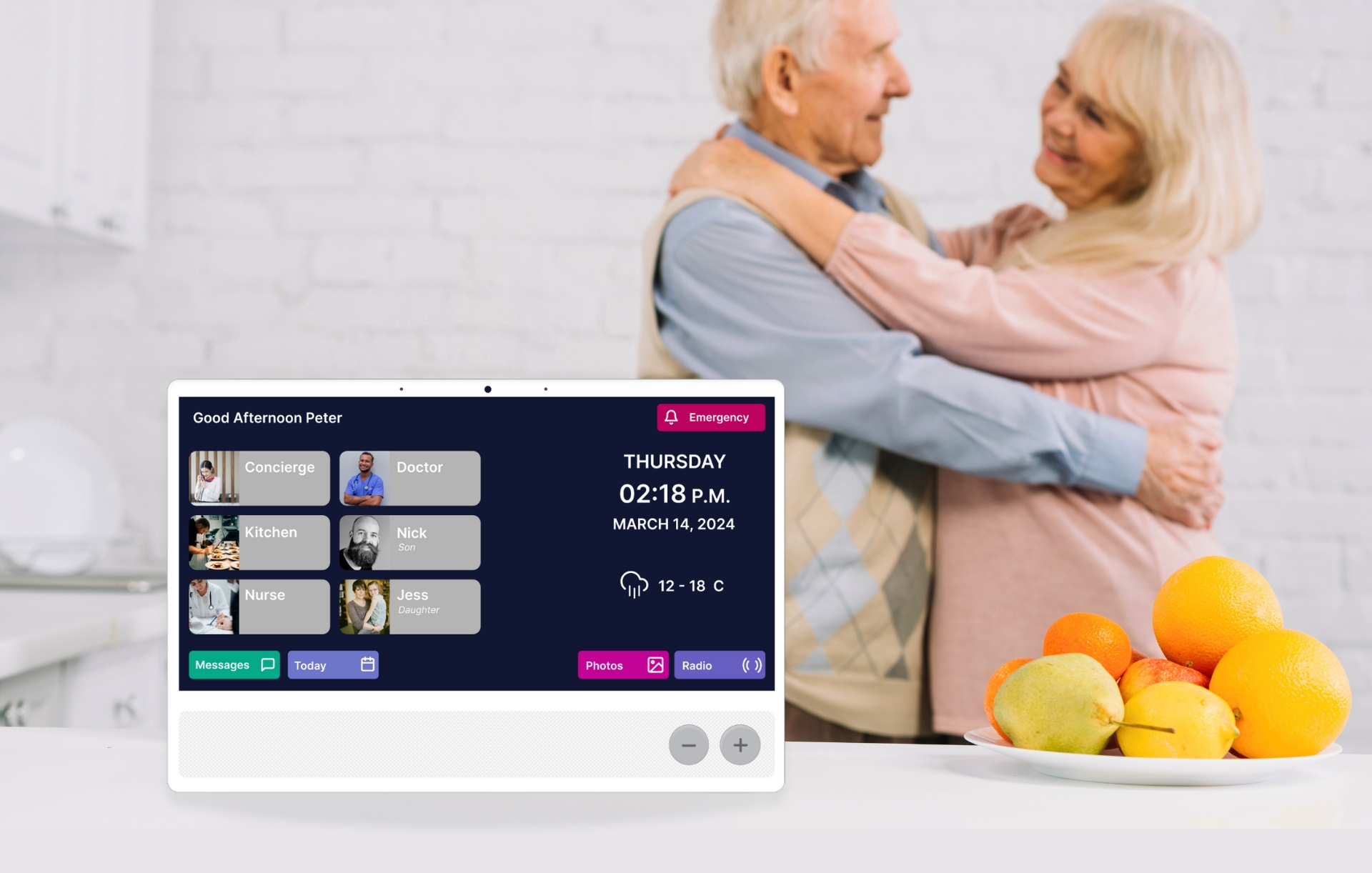 Lumin CareHub displaying the OneTouch interface with an older couple in the background