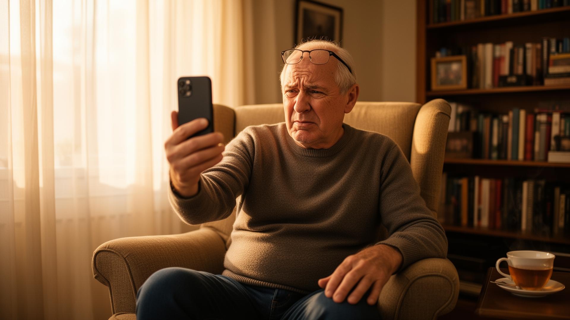Older person looking uncertain while trying to use a tablet device at home