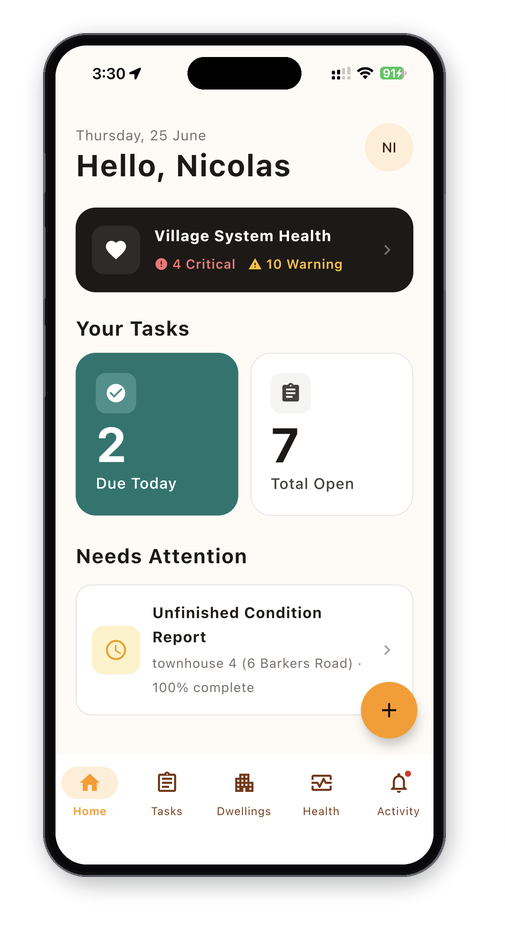 Lumin Property app home - village system health and your tasks