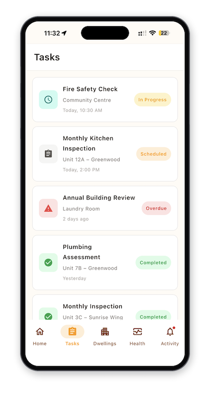 Live device health, asset register and open tasks in the Lumin Property app