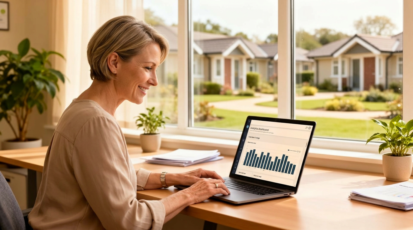 Village manager using the Lumin Community Portal on a laptop in a retirement village office