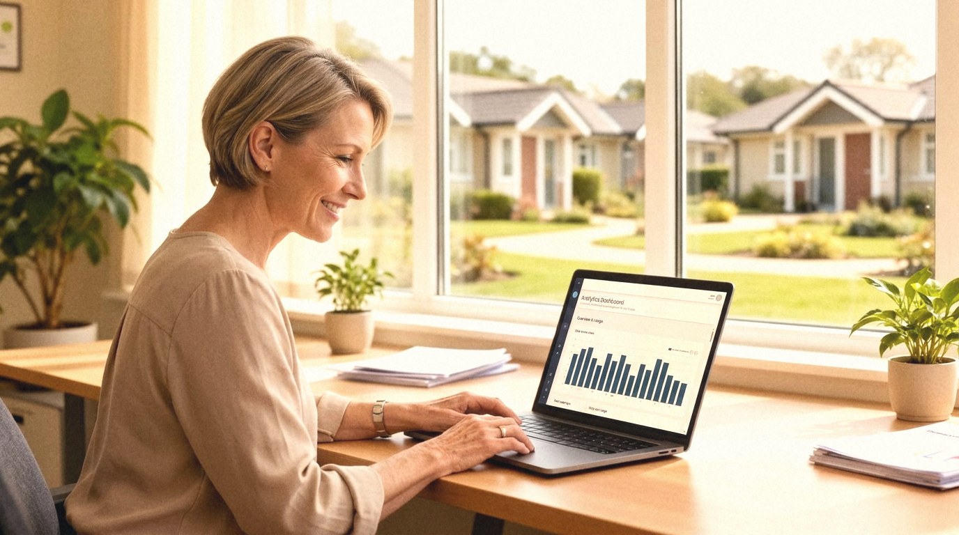 Village manager using the Lumin Community Portal on a laptop in a retirement village office