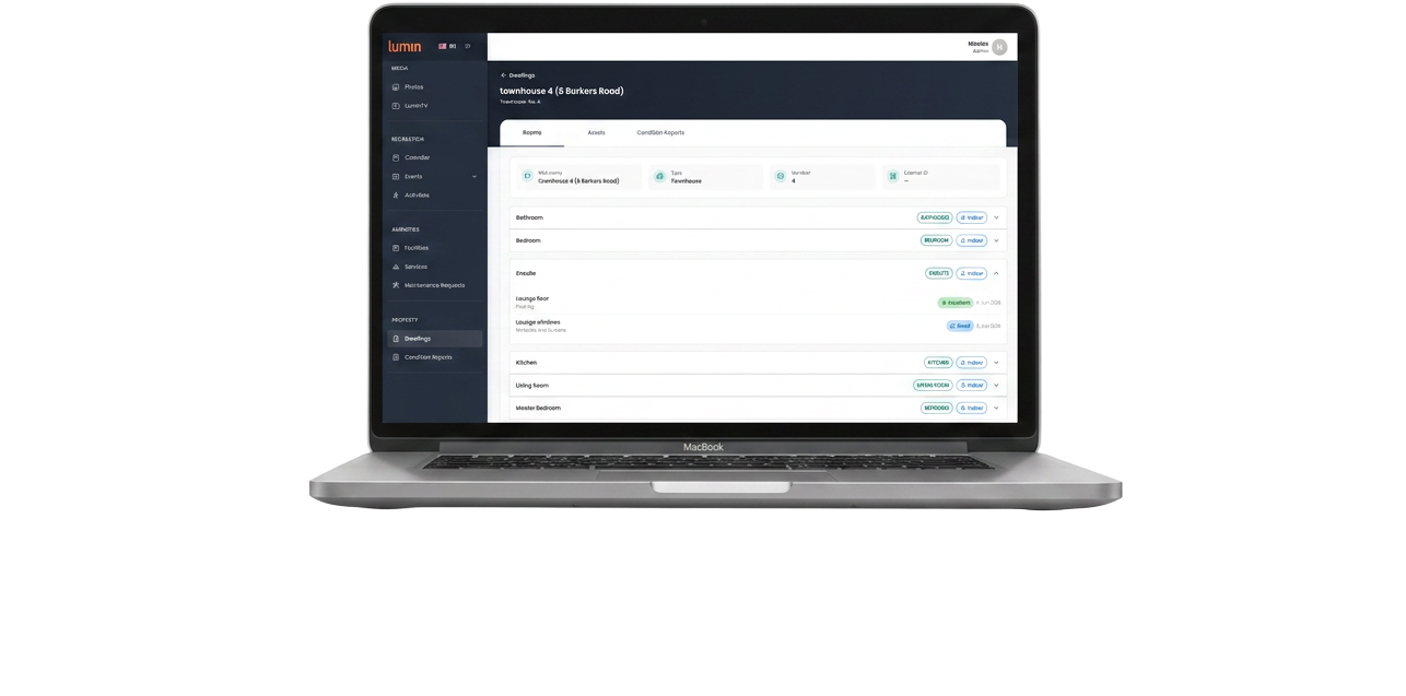 Community Management Portal shown on a MacBook - live view of village assets, tasks and emergency systems