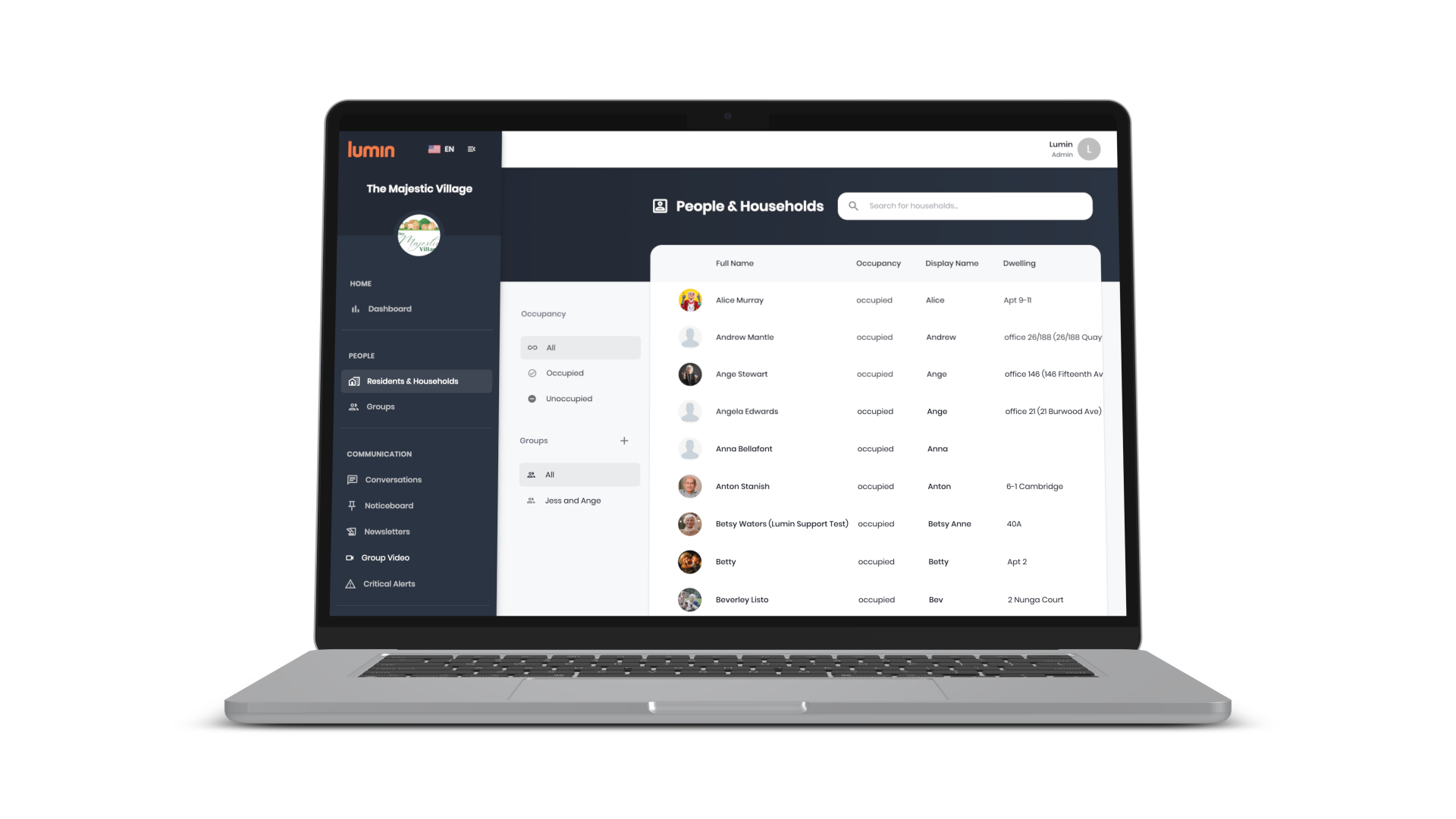 Lumin Community Management Portal showing the residents and households management screen