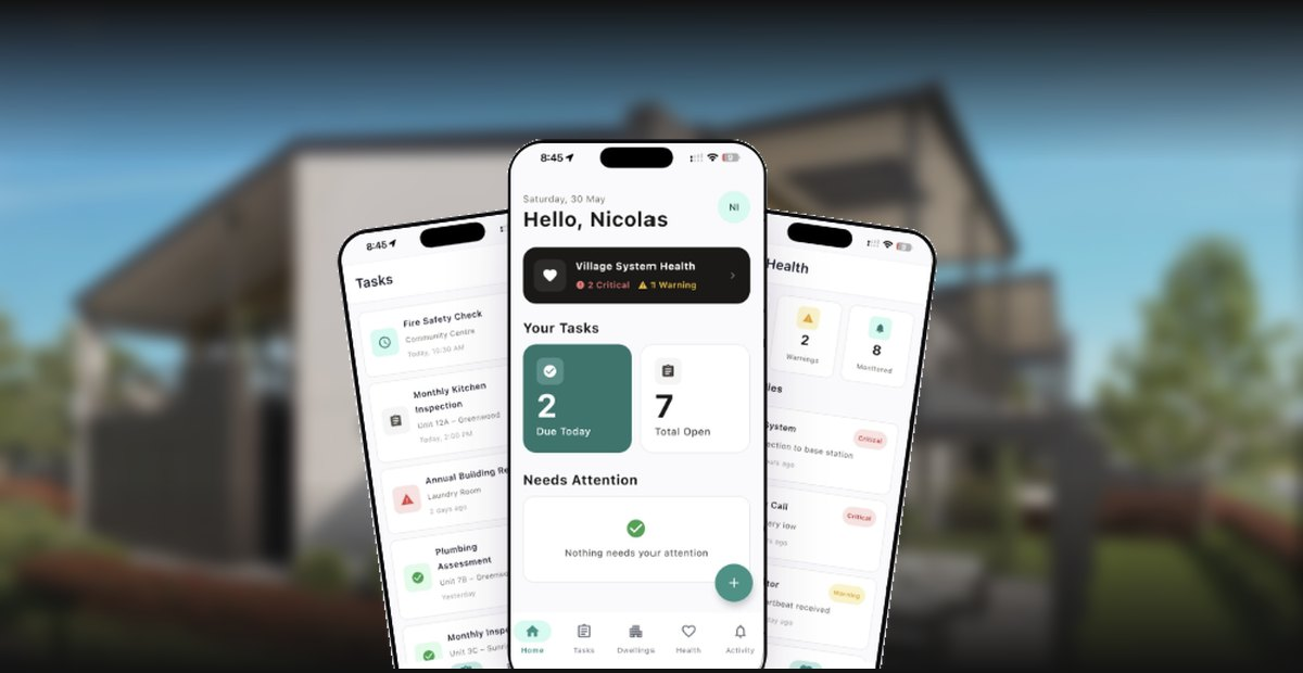 Lumin Property app showing tasks, system health and dwelling checks on three iPhones