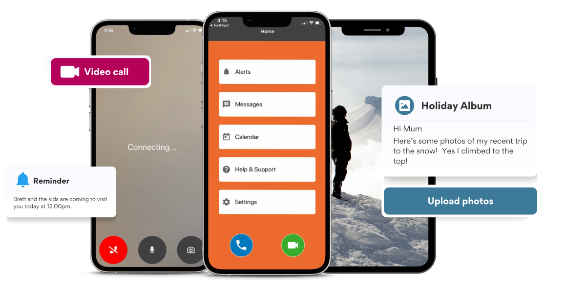 Supporters App screens - video call, home screen, and photo sharing